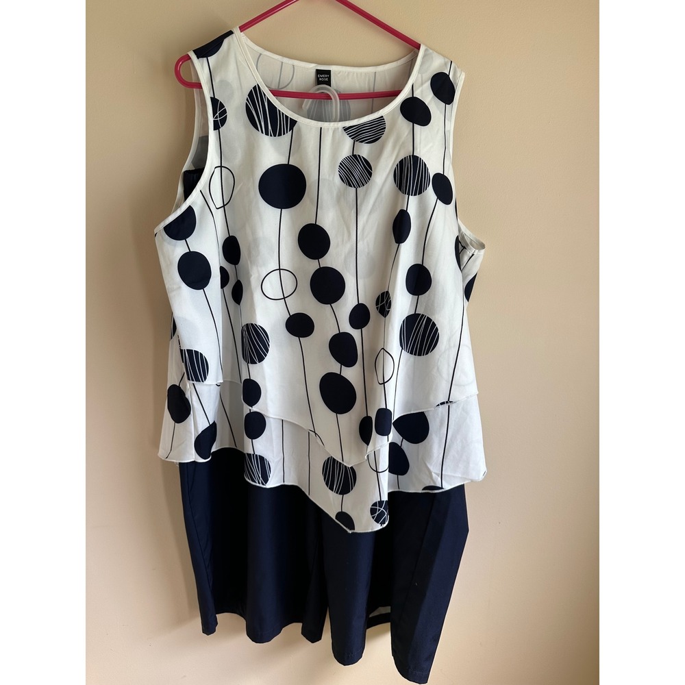 Emery Rose Womens 4XL Navy White Polka Dot Layered Top and Pants Set